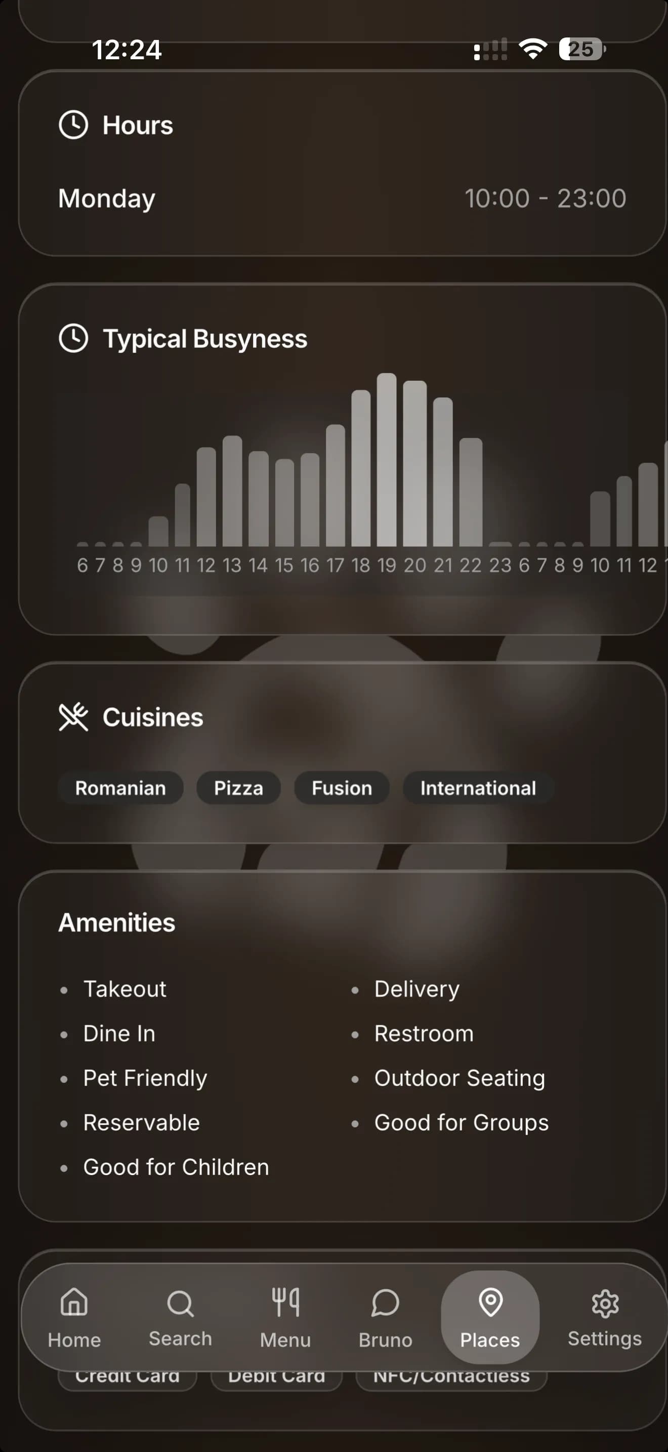 Restaurant details showing hours, busyness, cuisines and amenities