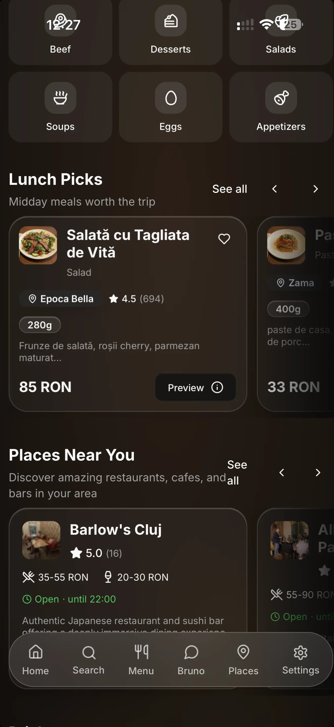 BearMenu home screen with lunch picks and nearby restaurants